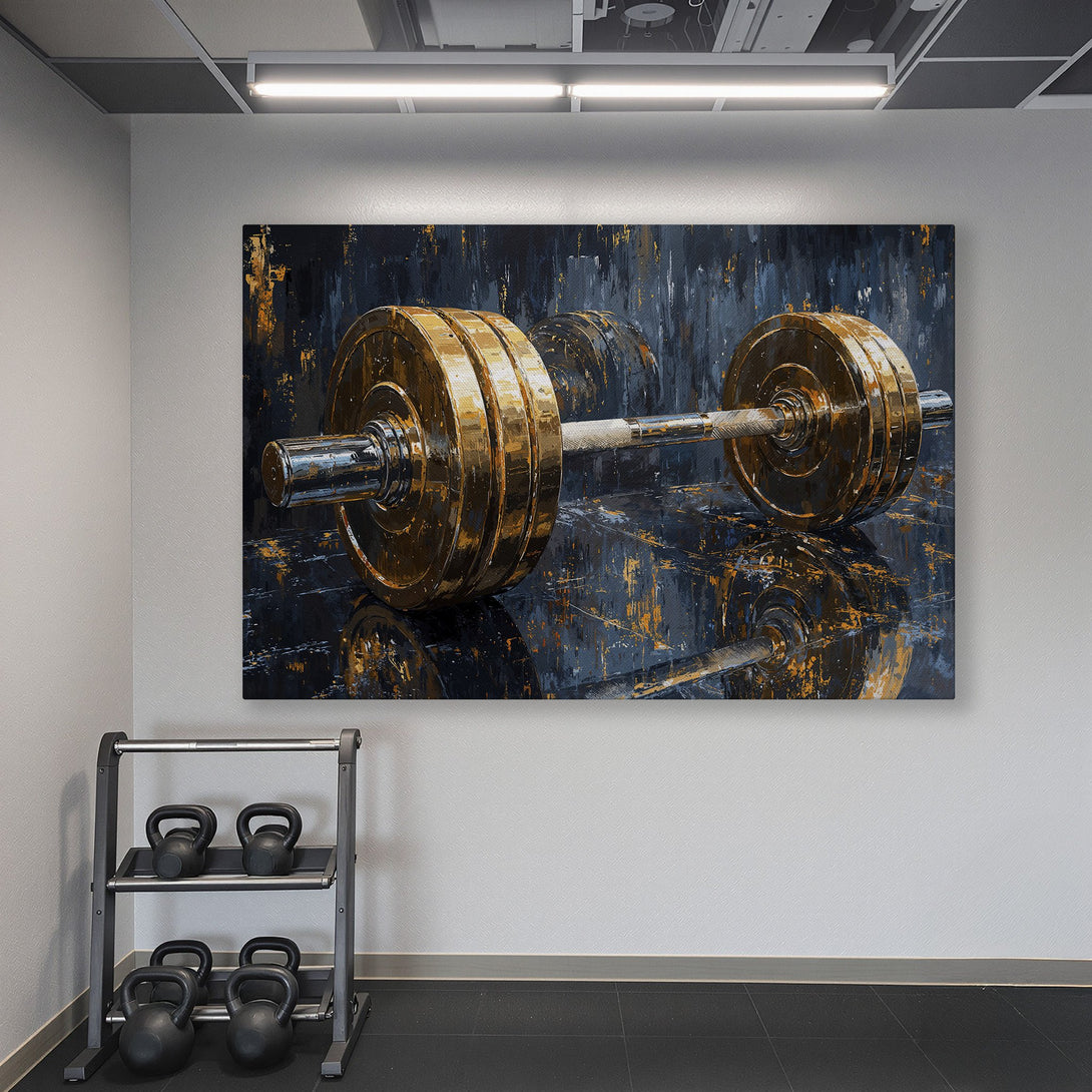 Framed Wall Art: Abstract barbell painting in gold and black, displayed in a gym with teal walls. Modern fitness decor for your home gym!