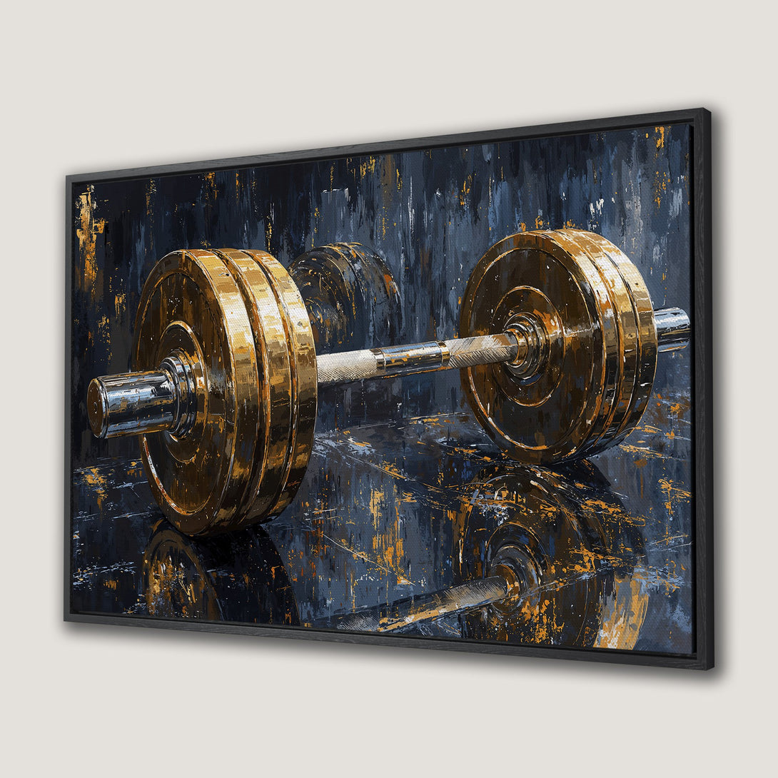 Framed Wall Art: Abstract painting of a golden barbell. Dramatic, textured style with a dark blue and gold color palette. Perfect for a home gym!