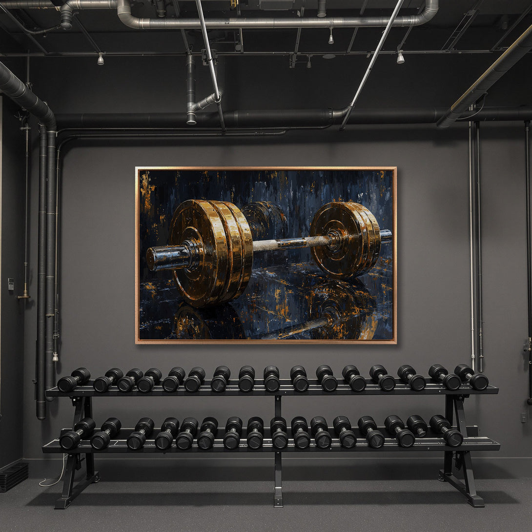Framed Wall Art: Abstract barbell painting in a gym. Dark, moody color palette with gold and blue accents. Perfect for a modern home gym!