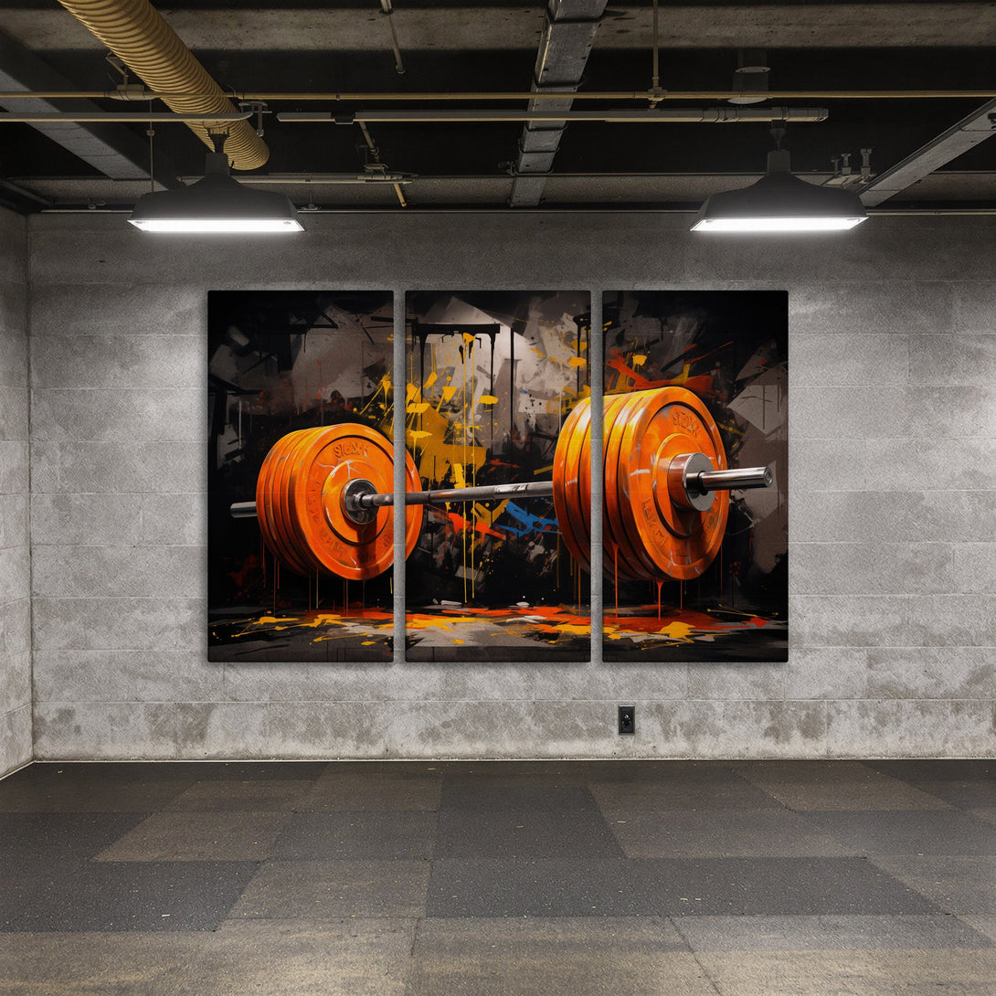 Abstract Canvas Print of a barbell in a gym, featuring orange, black, and yellow splashes. Modern wall art for fitness enthusiasts.