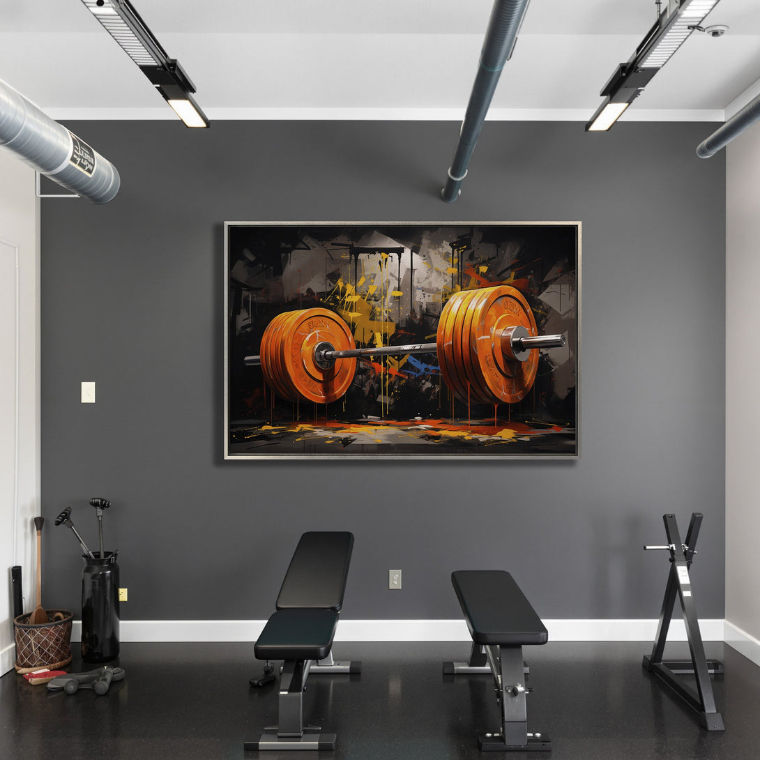 Framed Wall Art: Abstract barbell art with orange and black color palette, perfect for home gym decor. Modern style canvas print.
