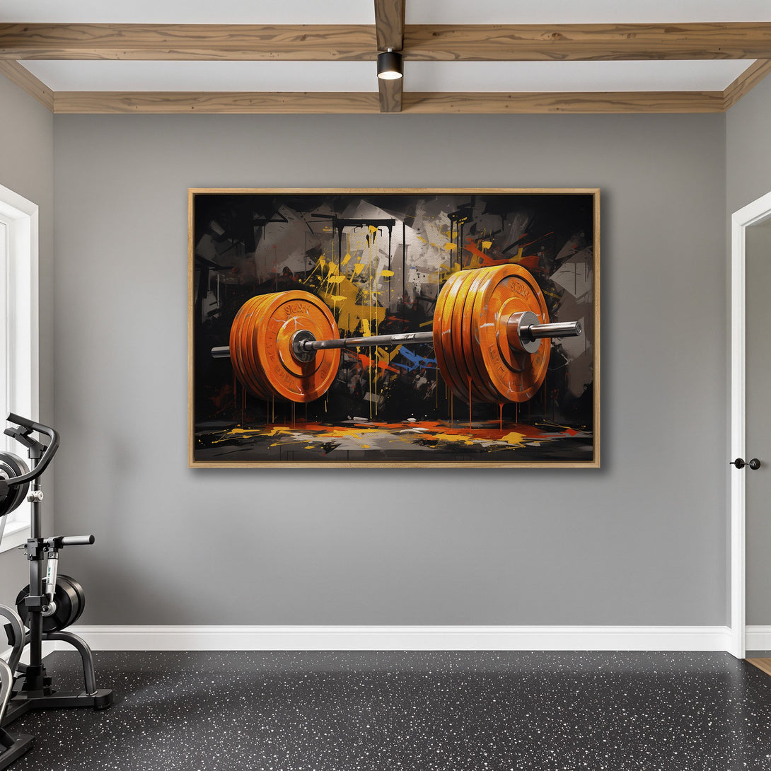 Framed Wall Art: Abstract barbell art in orange & black. Modern gym decor, bold & inspiring. Elevate your space with this striking Canvas Print!