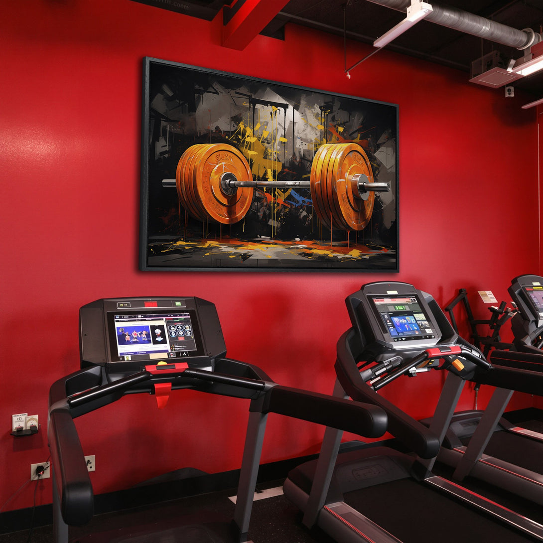 Framed Wall Art: Abstract barbell art in a gym setting. Bold orange, black, and yellow color palette. Perfect for home gyms and fitness enthusiasts.