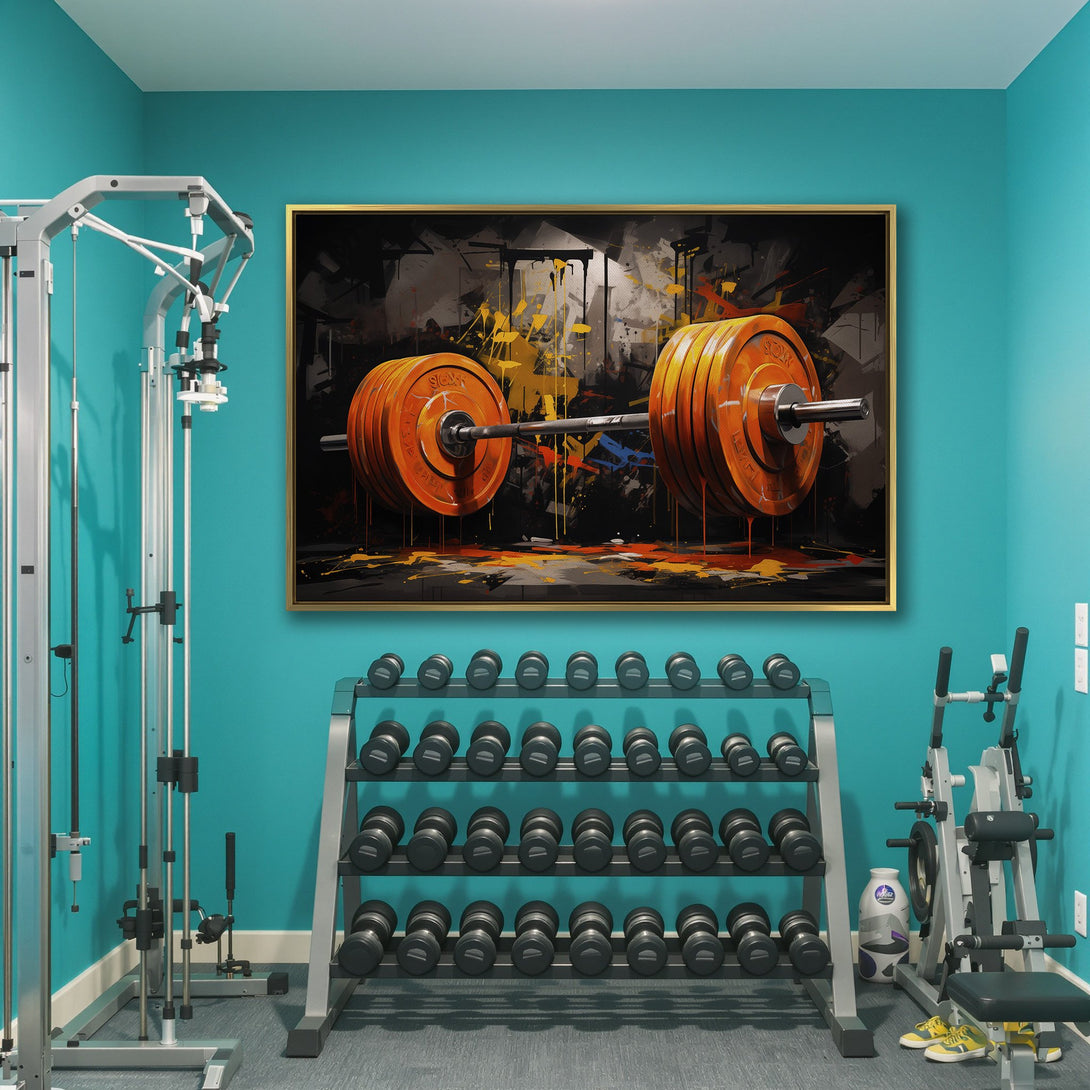 Abstract Canvas Print of a barbell in a gym, featuring orange, yellow, and black splatters. Modern wall art for your home gym!