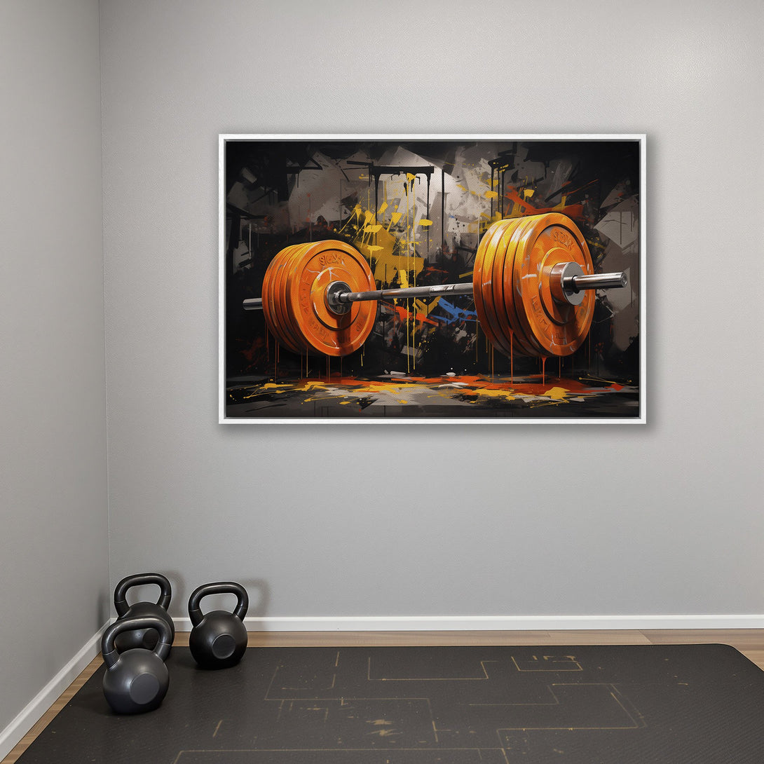 Framed Wall Art: Abstract barbell print in a gym setting. Bold orange, yellow, and black color palette. Perfect for home gym decor!
