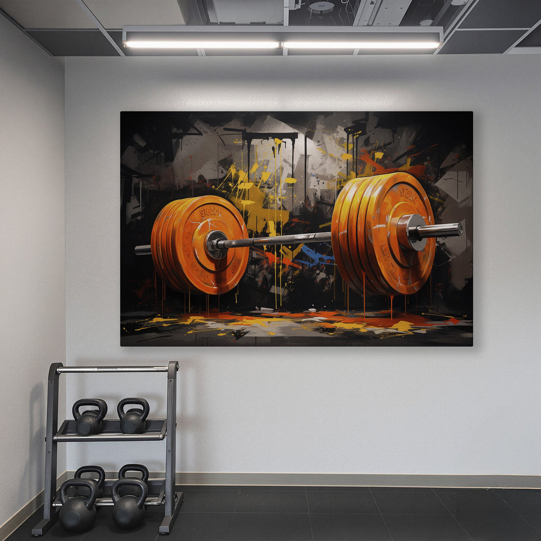 Framed Wall Art: Abstract barbell art in a gym, featuring orange and yellow accents on a dark background. Adds a bold statement to any workout space.