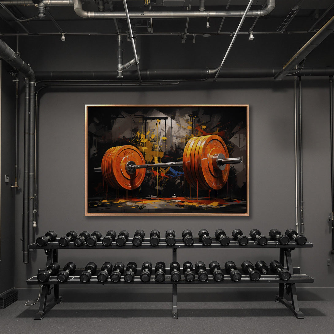 Framed Wall Art: Abstract barbell print in a gym setting. Bold orange and yellow accents pop against a dark, industrial backdrop. Elevate your space!
