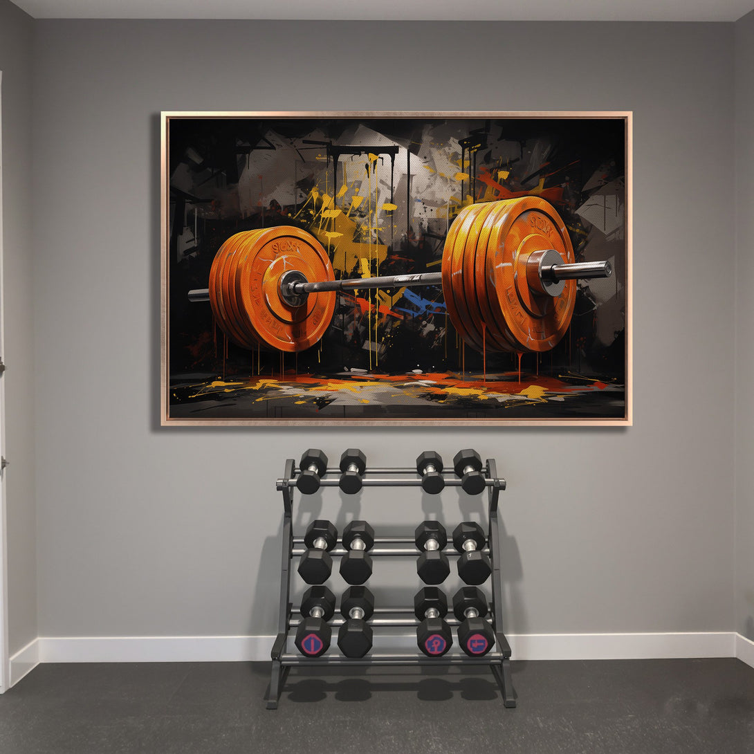 Framed Wall Art of a barbell with orange weights, abstract style, set against a black, gray, and yellow background. Perfect gym decor.