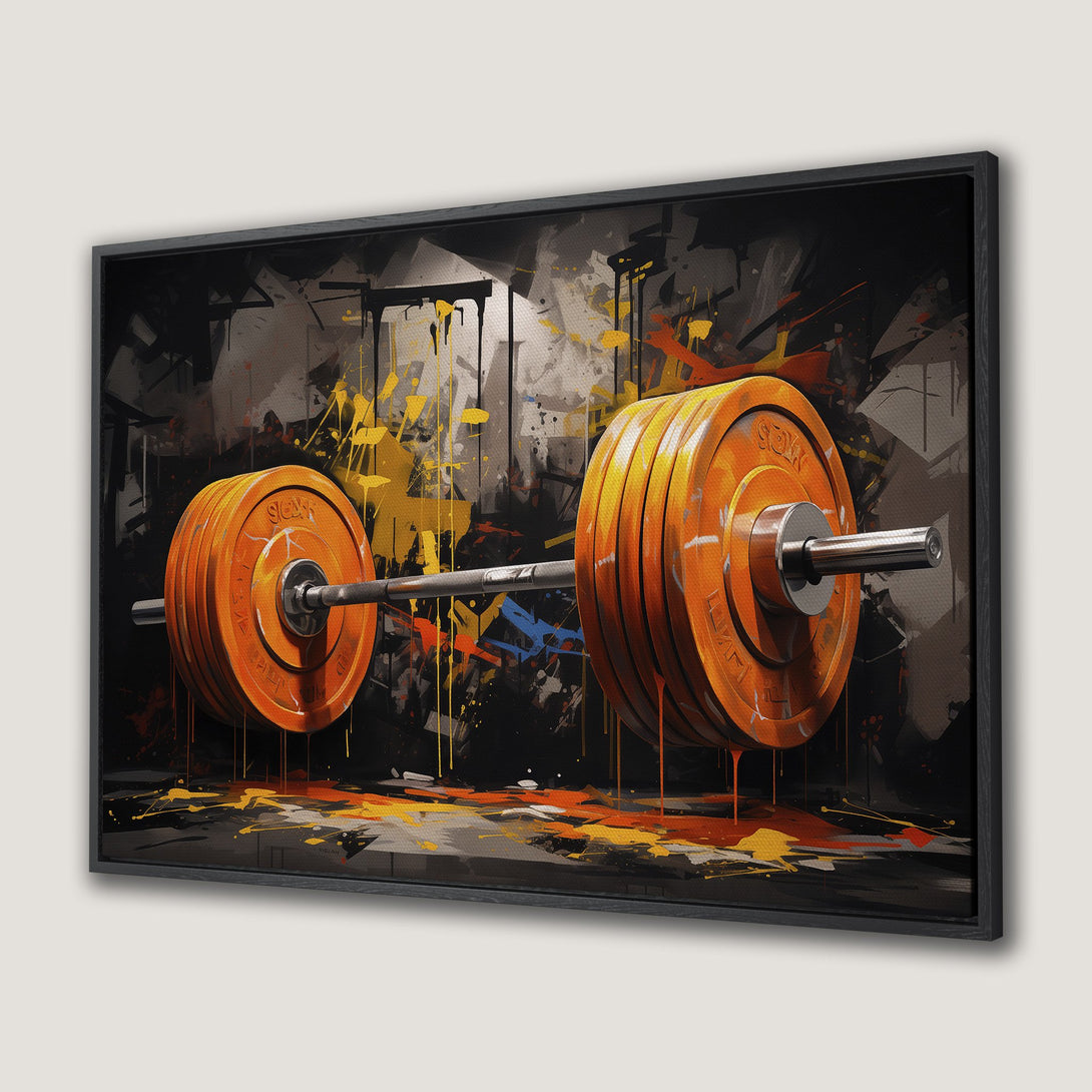 Framed Wall Art featuring a vibrant, abstract barbell in orange, yellow, and black. Modern gym decor for a bold statement.