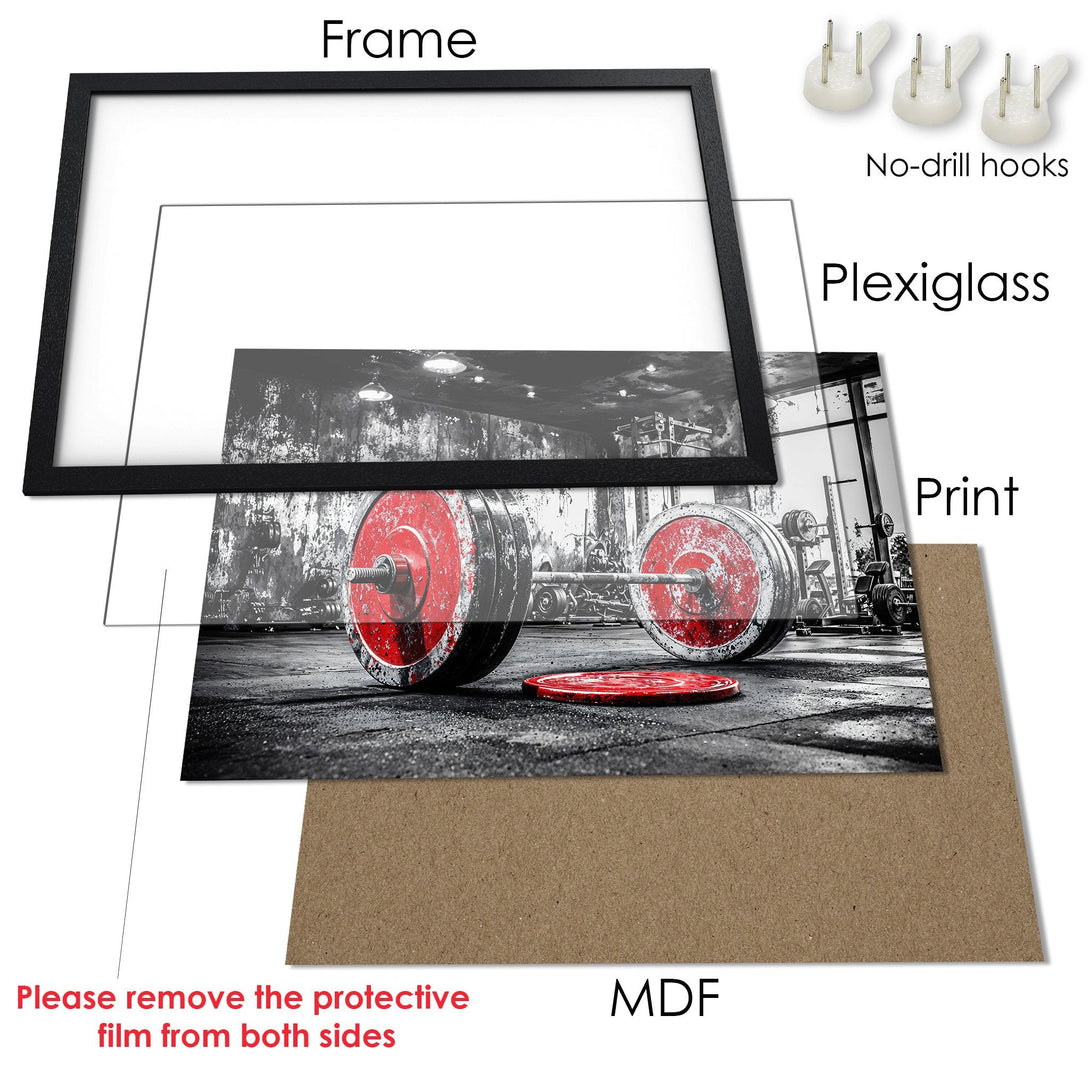Framed Poster featuring a gym scene in monochrome with red accents. Modern art style, perfect for home decor.
