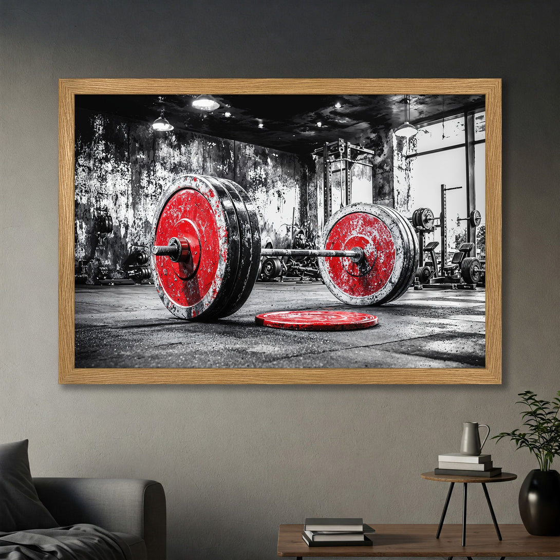 Framed Poster featuring a barbell in a gym, with a black, white, and red color palette, perfect for fitness enthusiasts.