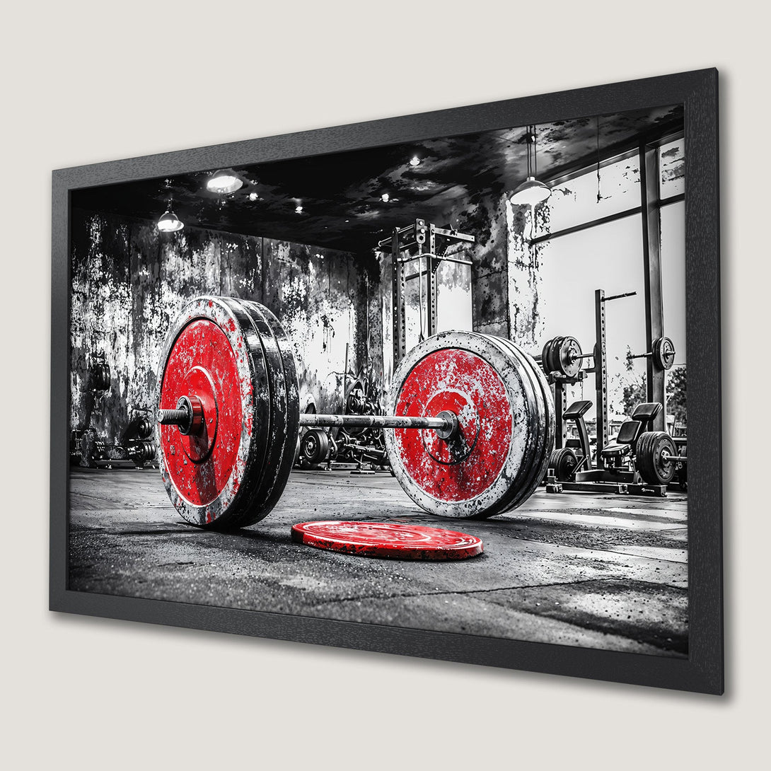 Framed Poster featuring a barbell in a gym, dramatic black and white with red accents. Perfect for fitness enthusiasts.
