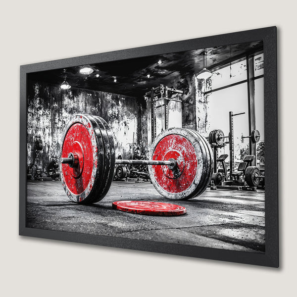 Framed Poster featuring a barbell in a gym, dramatic black and white with red accents. Perfect for fitness enthusiasts.