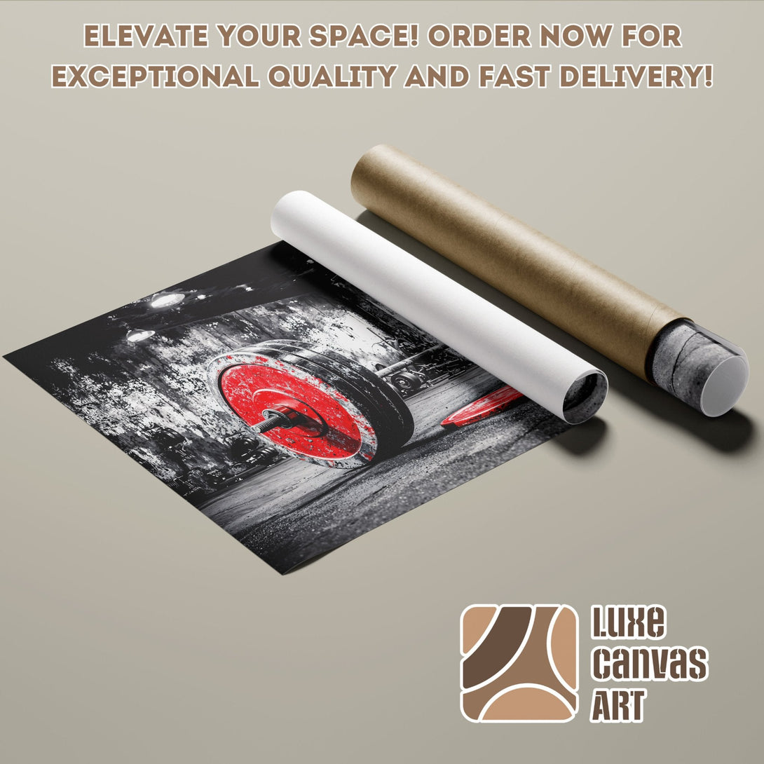 Poster Roll featuring a weightlifting image in black, white, and red. Elevate your space today!