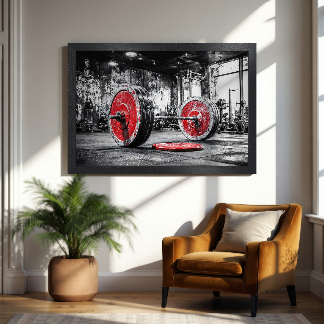Framed Poster featuring a barbell in a gym, gritty black & white style with red accents. Perfect for home gym decor.