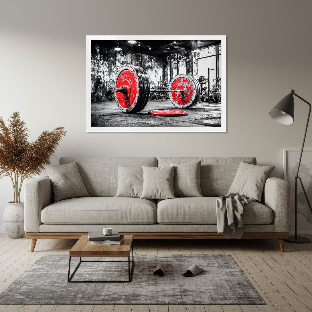 Framed Poster featuring a weightlifting barbell in a gym, black & white with red accents, perfect for home gym decor.