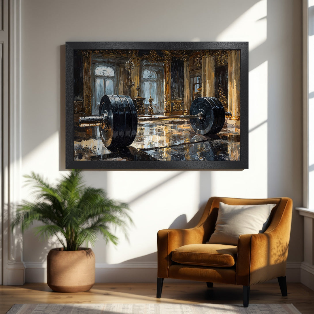 Framed Poster featuring a barbell in a grand hall, impressionist style, with gold and black tones. Elevate your space!
