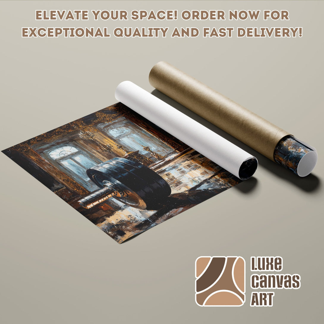 Abstract art Poster Roll with dumbbell in brown, blue, and gold color palette. Elevate your space!