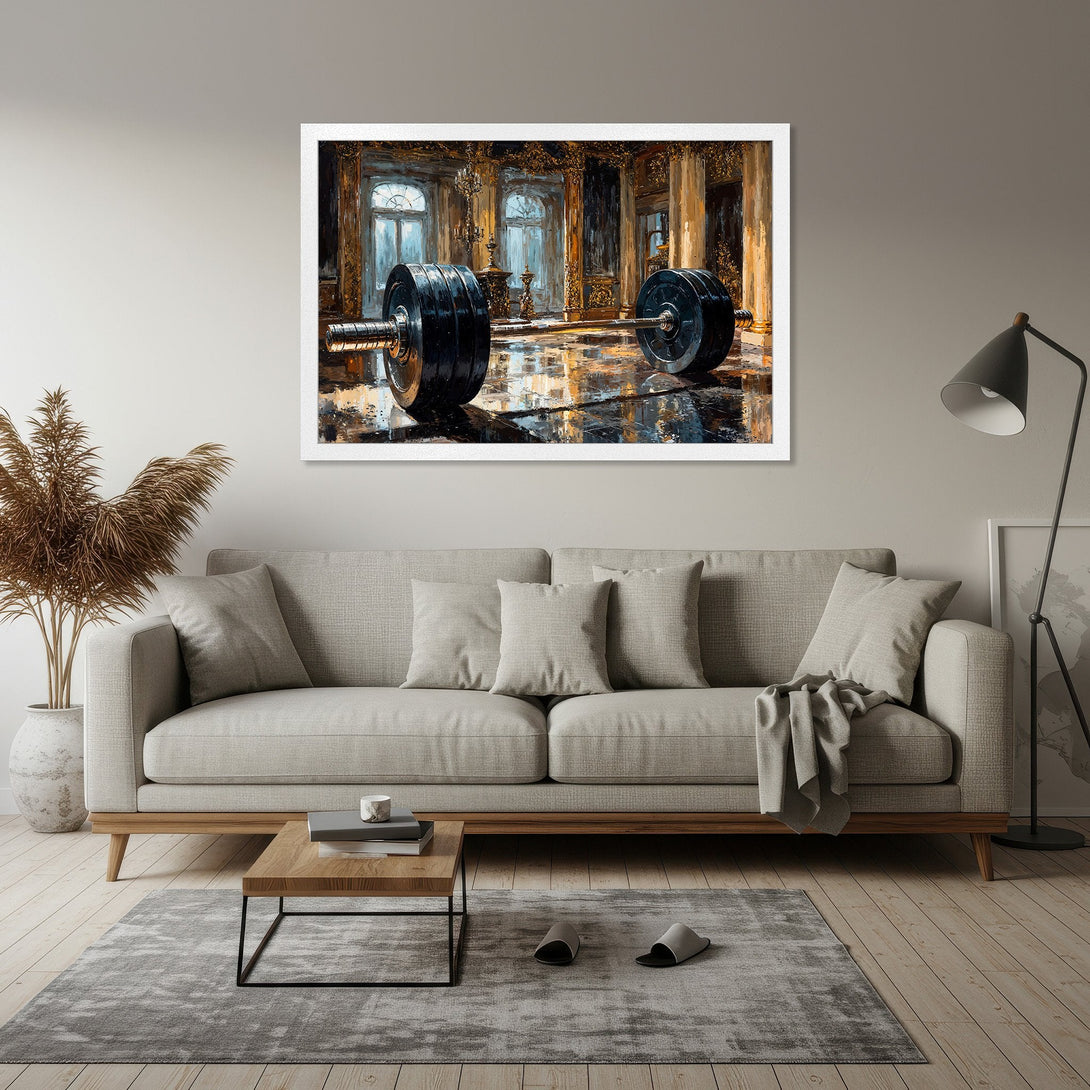 Framed Poster featuring a barbell in a classical room, with a warm color palette and impressionistic style. Perfect for home decor!
