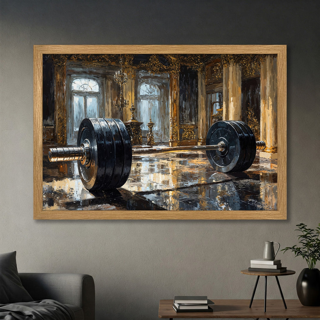 Framed Poster: Barbells in a luxurious, painterly style with gold and black accents. Perfect for home gym decor.