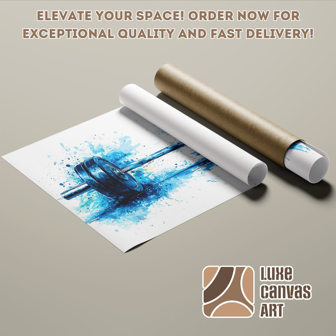Poster Roll featuring a blue watercolor barbell design. Perfect for your home gym!