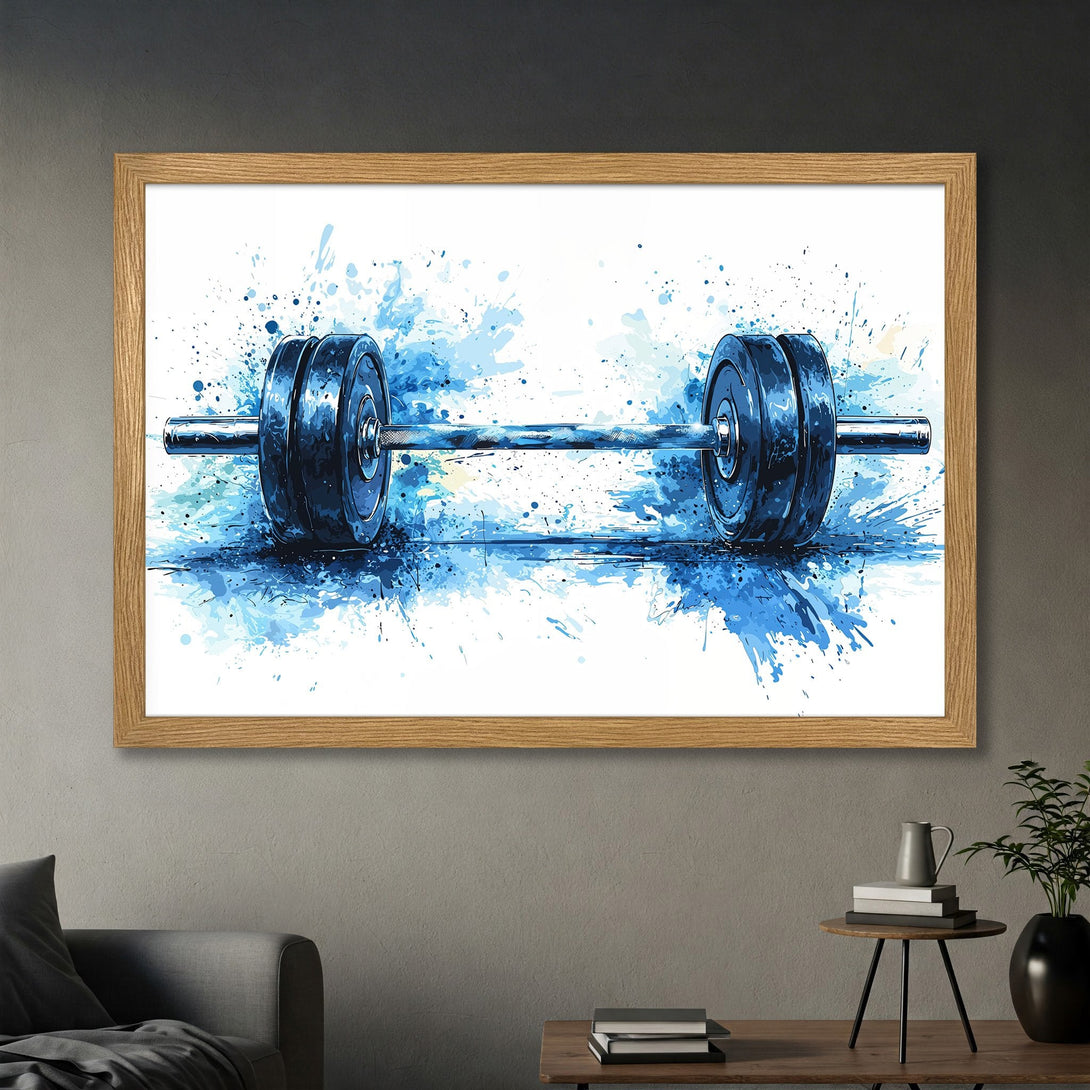 Framed Poster featuring a watercolor barbell in blue hues. Perfect gym decor, artistic style, and a cool color palette.