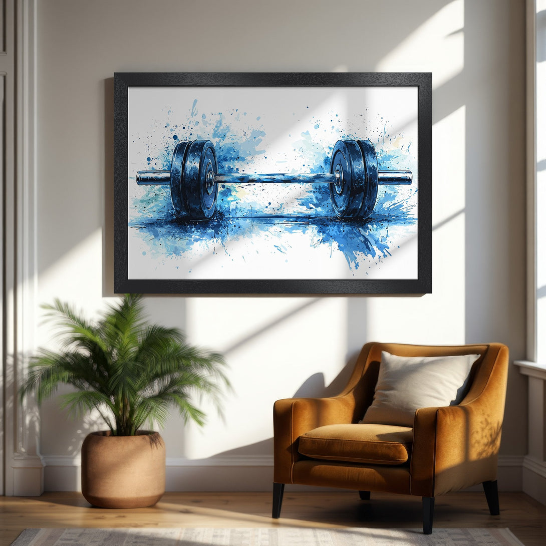 Framed Poster featuring a watercolor barbell design in blue hues. Perfect for gym decor and fitness enthusiasts. Add style to your space!