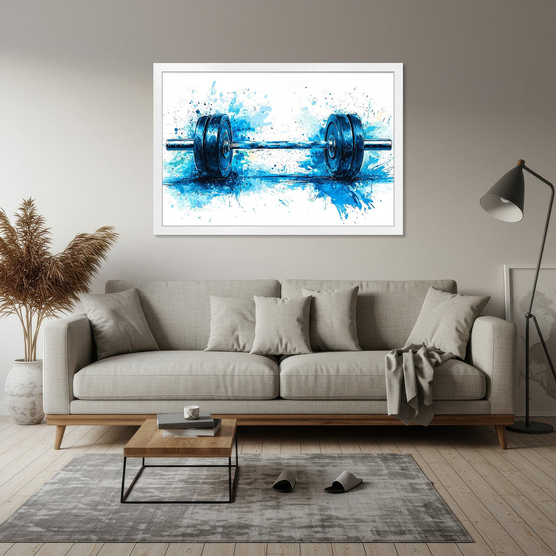 Framed Poster featuring a watercolor barbell in blue hues. Perfect gym decor! Stylish art print for your home or office.
