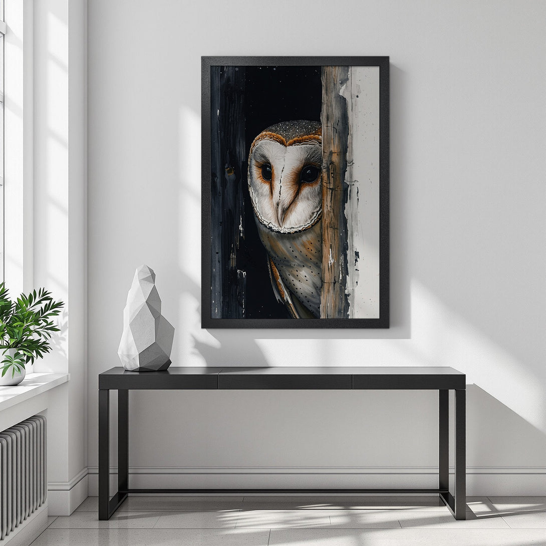 Framed Poster featuring a barn owl illustration in watercolor style, with a neutral color palette. Perfect wall art for any space.