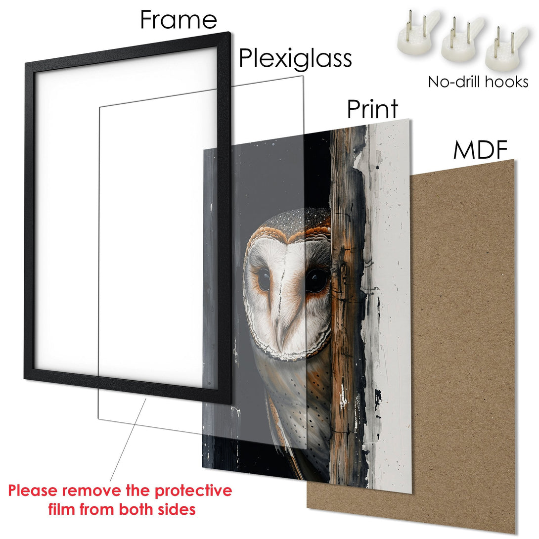 Framed Poster featuring a watercolor owl. Neutral color palette with black frame, perfect for home decor.