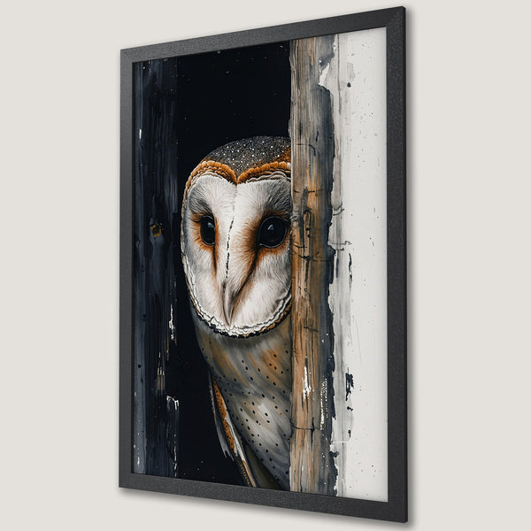 Framed Poster featuring a watercolor owl. Artistic style with a neutral, earthy color palette. Perfect for home decor.