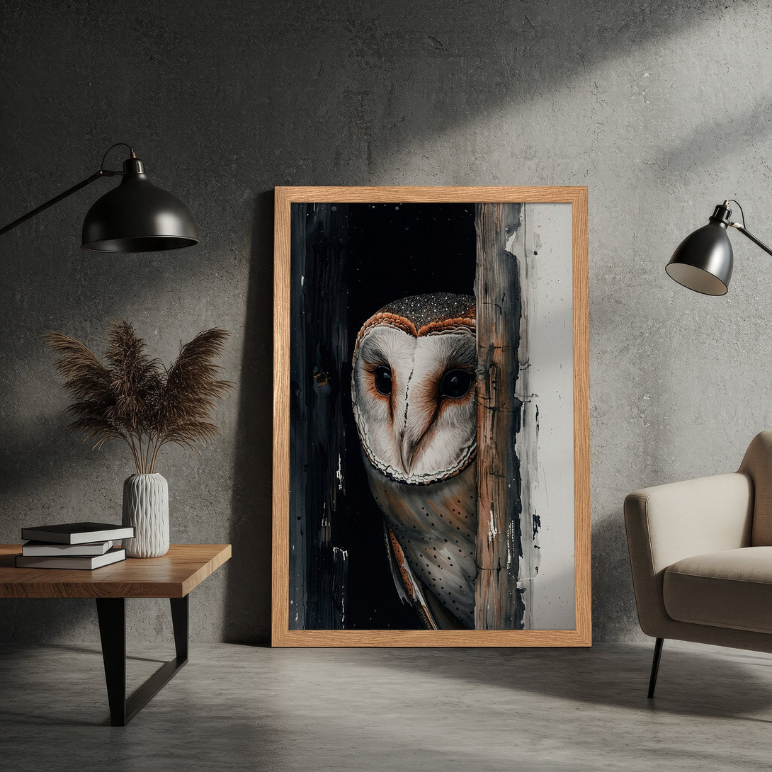 Framed Poster featuring an owl in watercolor style, with a neutral color palette. Perfect wall art for your home.