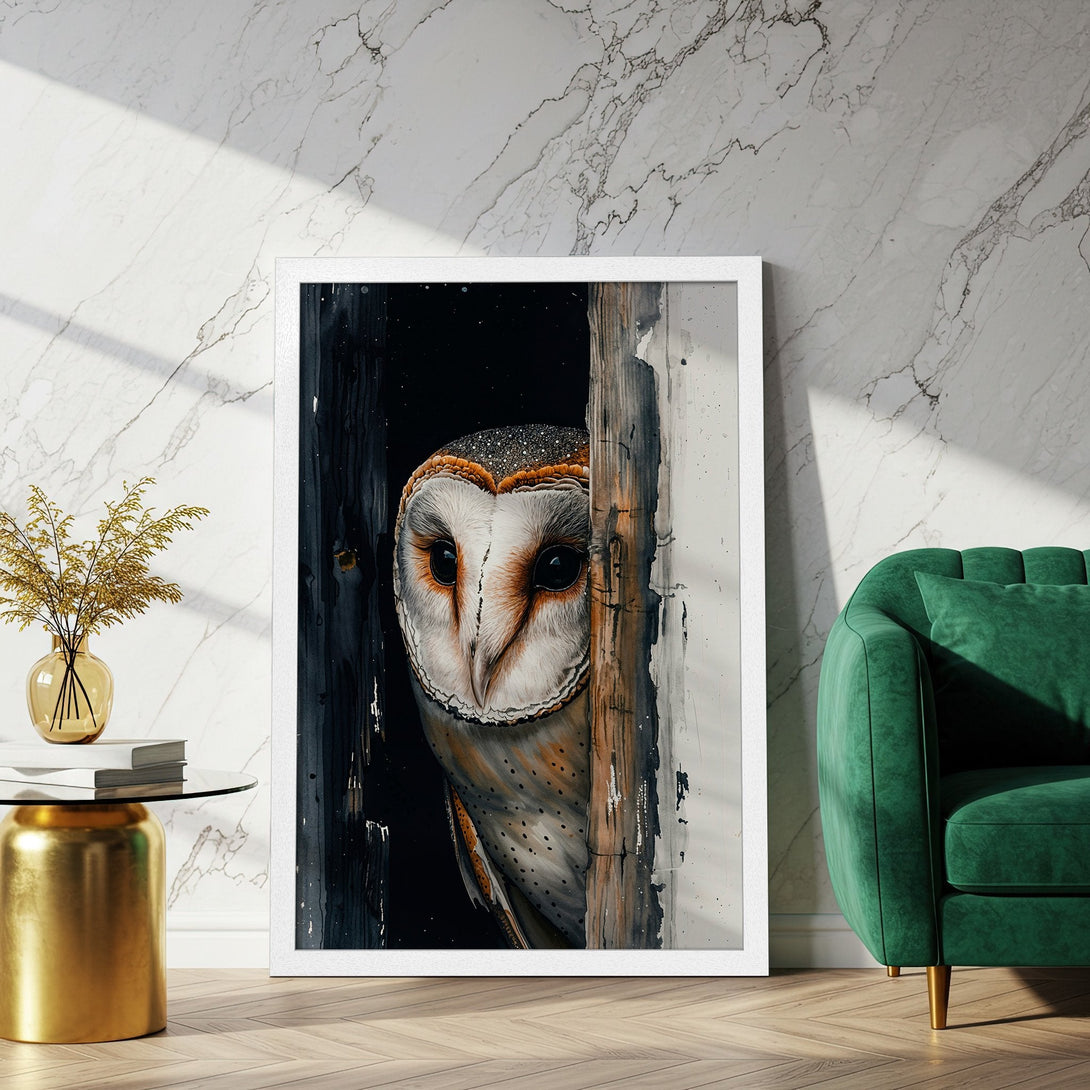 Framed Poster featuring a watercolor owl. Neutral tones with a pop of dark and white, perfect wall art for any room.