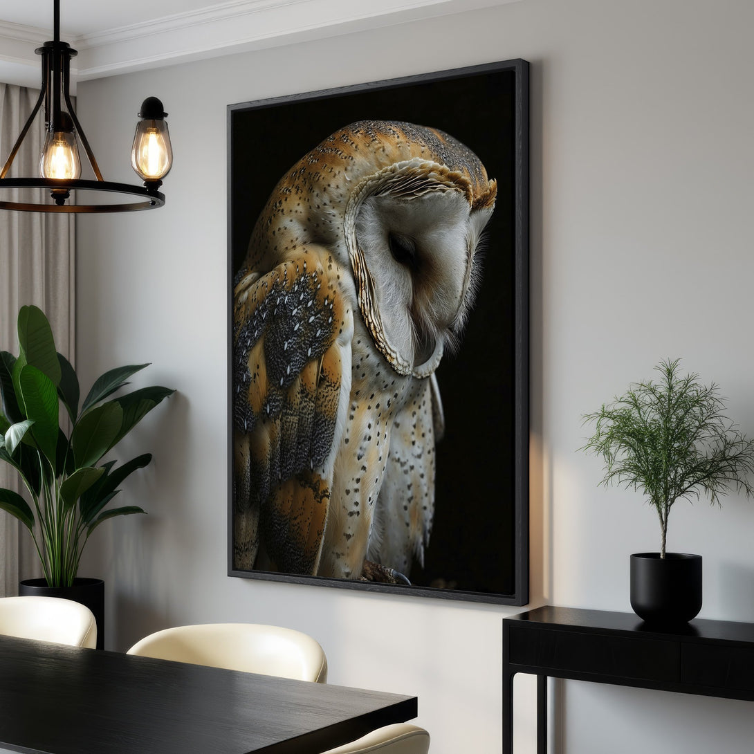 Framed Wall Art featuring a stunning owl portrait. Neutral color palette with warm tones. Perfect for modern home decor. Shop our Canvas Print collection!