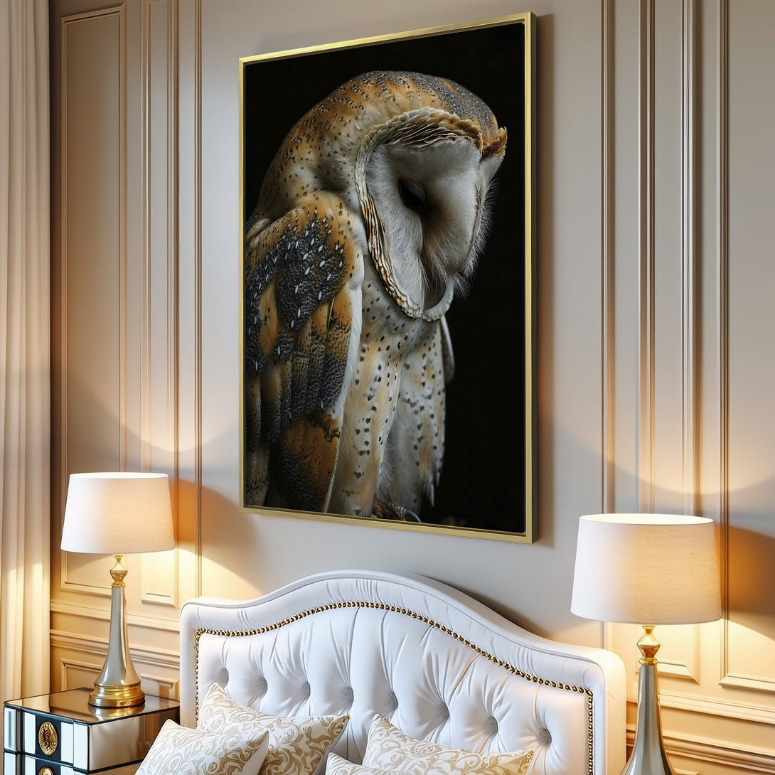 Canvas Print featuring a stunning barn owl in a neutral color palette, perfect for adding a touch of nature to your home decor.