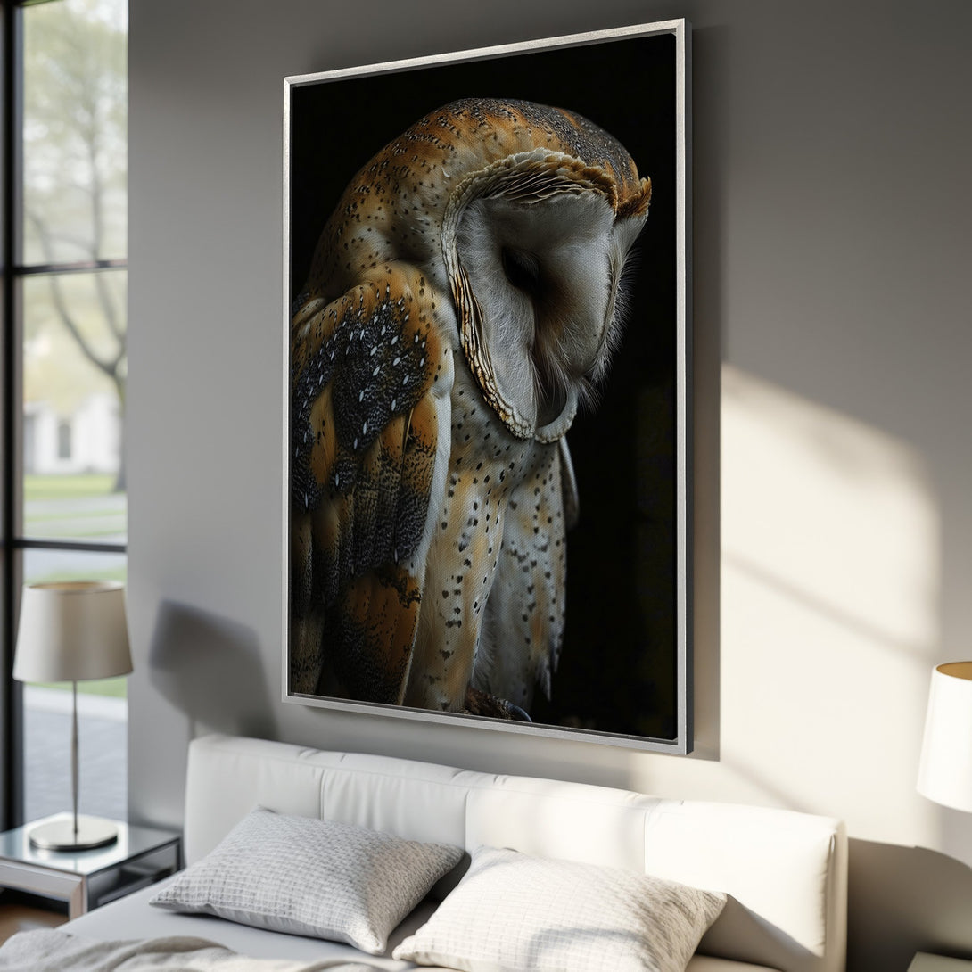 Framed Wall Art featuring a majestic owl. Neutral tones and warm browns create a cozy, nature-inspired aesthetic. Perfect for adding a touch of wildlife to your home.