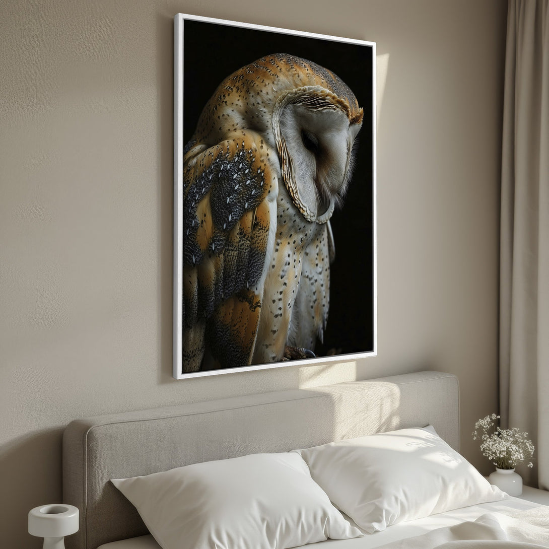 Framed Wall Art featuring a stunning owl portrait. Neutral color palette with warm tones. Perfect for adding a touch of nature to your bedroom decor.