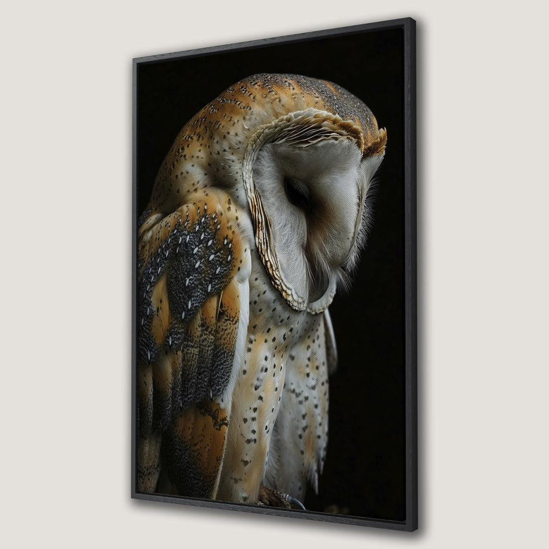 Framed Wall Art: Stunning Canvas Print of a Barn Owl. Nature-inspired artwork with warm brown, white, and black tones. Perfect for modern home decor.
