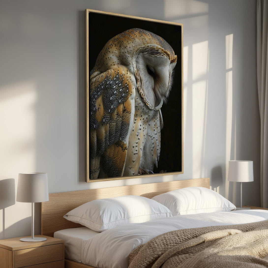 Framed Wall Art: Stunning barn owl portrait in warm, earthy tones. Add a touch of nature and elegance to your bedroom decor with this beautiful canvas print.