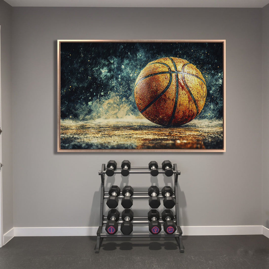 Framed Wall Art featuring a detailed basketball in a dramatic, artistic style. Earthy tones and dark blues create a dynamic sports-themed canvas print.