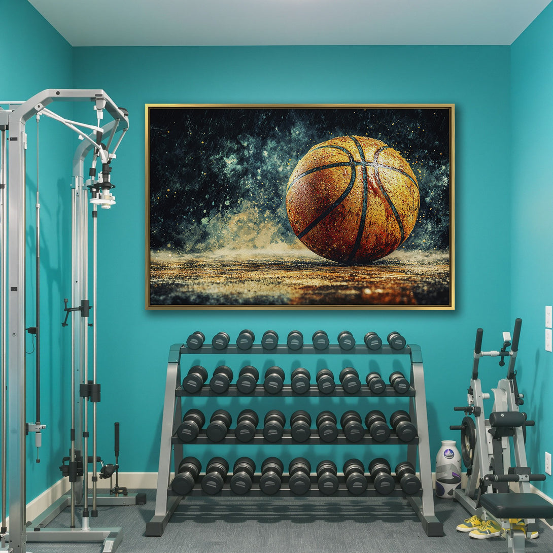 Canvas Print of a basketball in the rain, artistic style with a dark, moody color palette. Perfect for sports enthusiasts.
