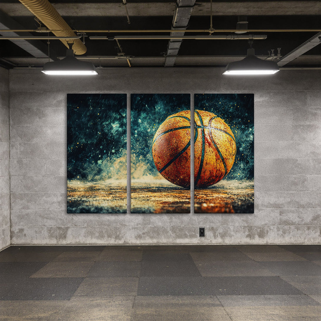 Canvas Print of a basketball in the rain. Artistic style with teal and orange hues. Elevate your space with this unique wall art!