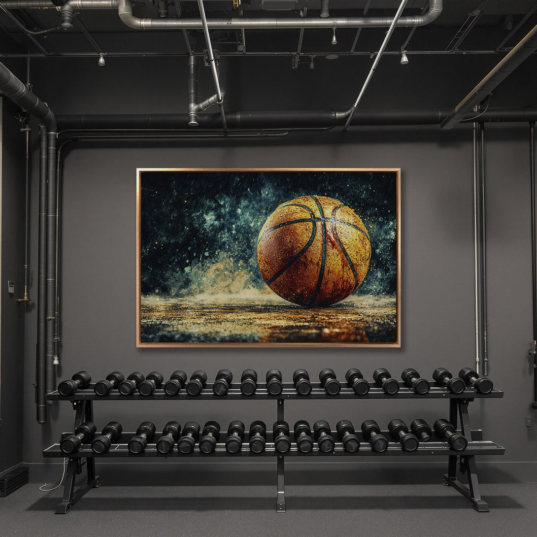 Framed Wall Art: Basketball canvas print in a modern gym setting. Features a wet basketball with a warm, earthy color palette. Perfect for sports enthusiasts!