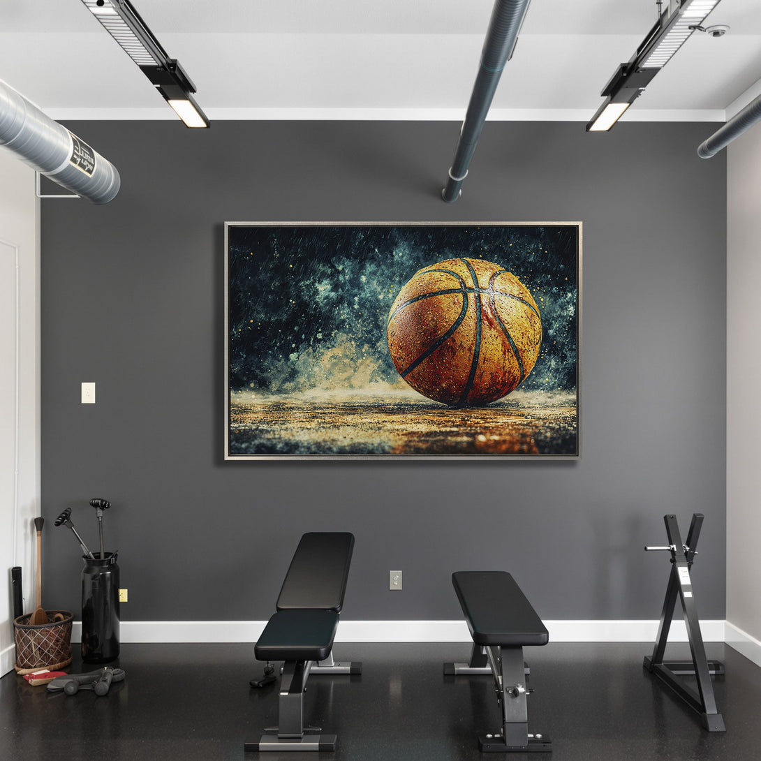 Framed Wall Art: Dramatic basketball print in a modern gym. Earthy tones and moody blue/black backdrop create a striking focal point. Perfect for sports enthusiasts!