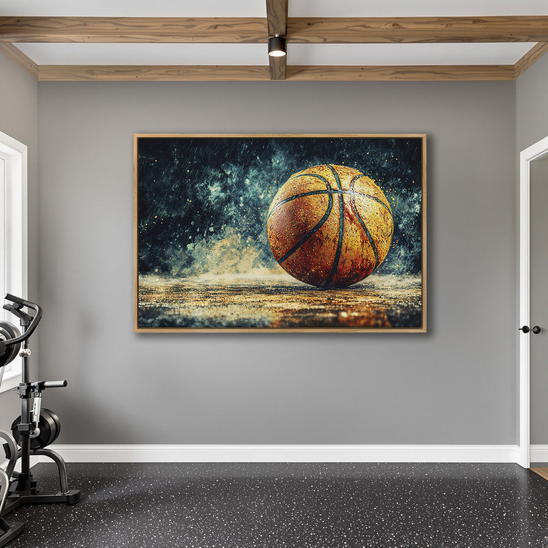 Framed Wall Art: Abstract basketball art in a modern style. Features a warm, earthy color palette with orange, brown, and teal tones. Perfect for sports fans!