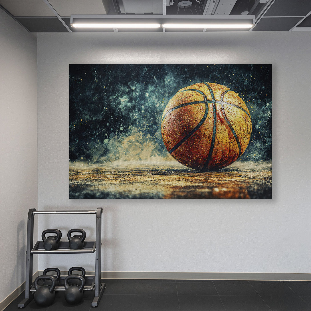 Framed Wall Art: Dramatic basketball print in a gym. Warm orange tones pop against a teal wall. Perfect sports decor for your workout space.