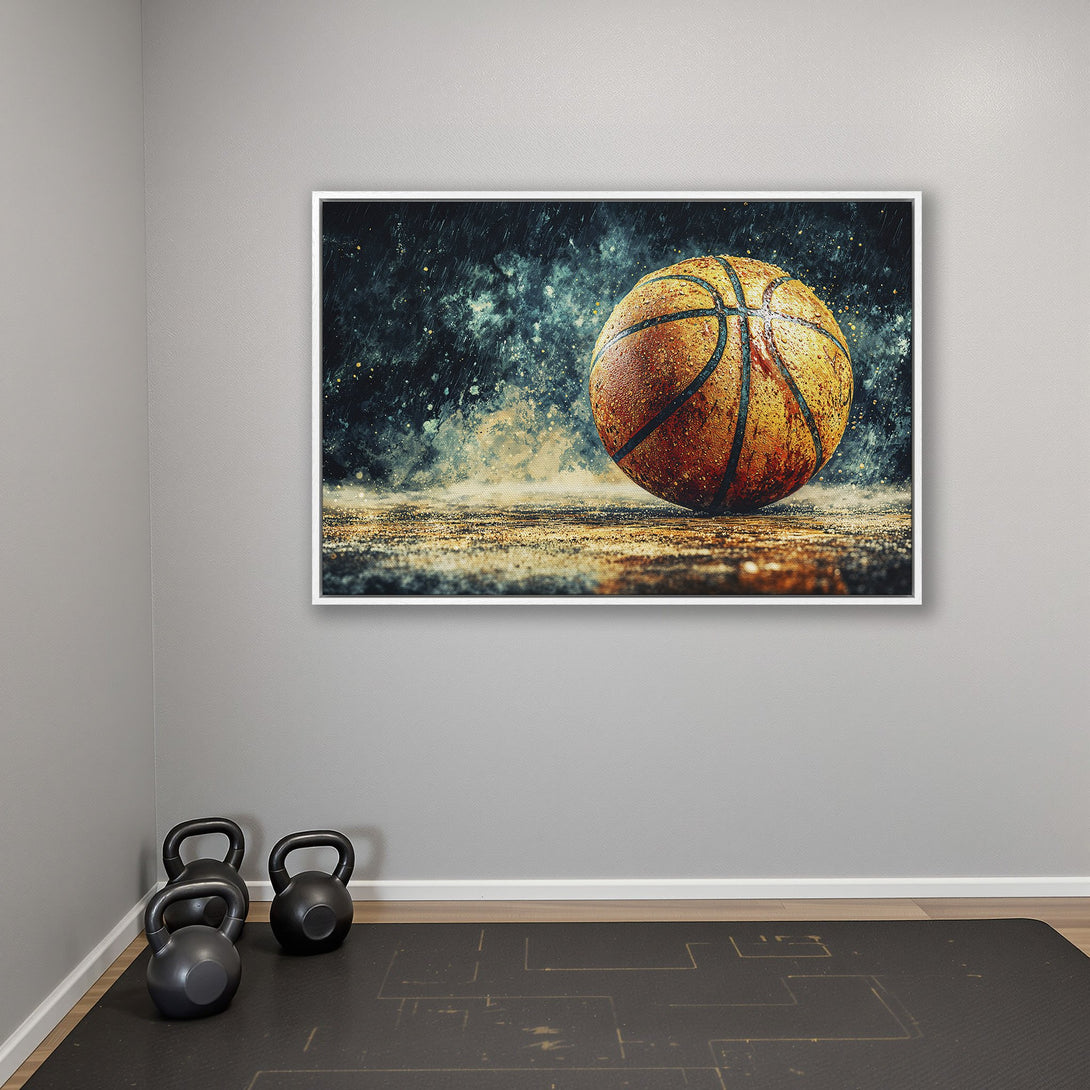 Framed Wall Art: Basketball Canvas Print in a modern style. Features a wet basketball with a moody, blue and gold color palette. Perfect for sports fans.