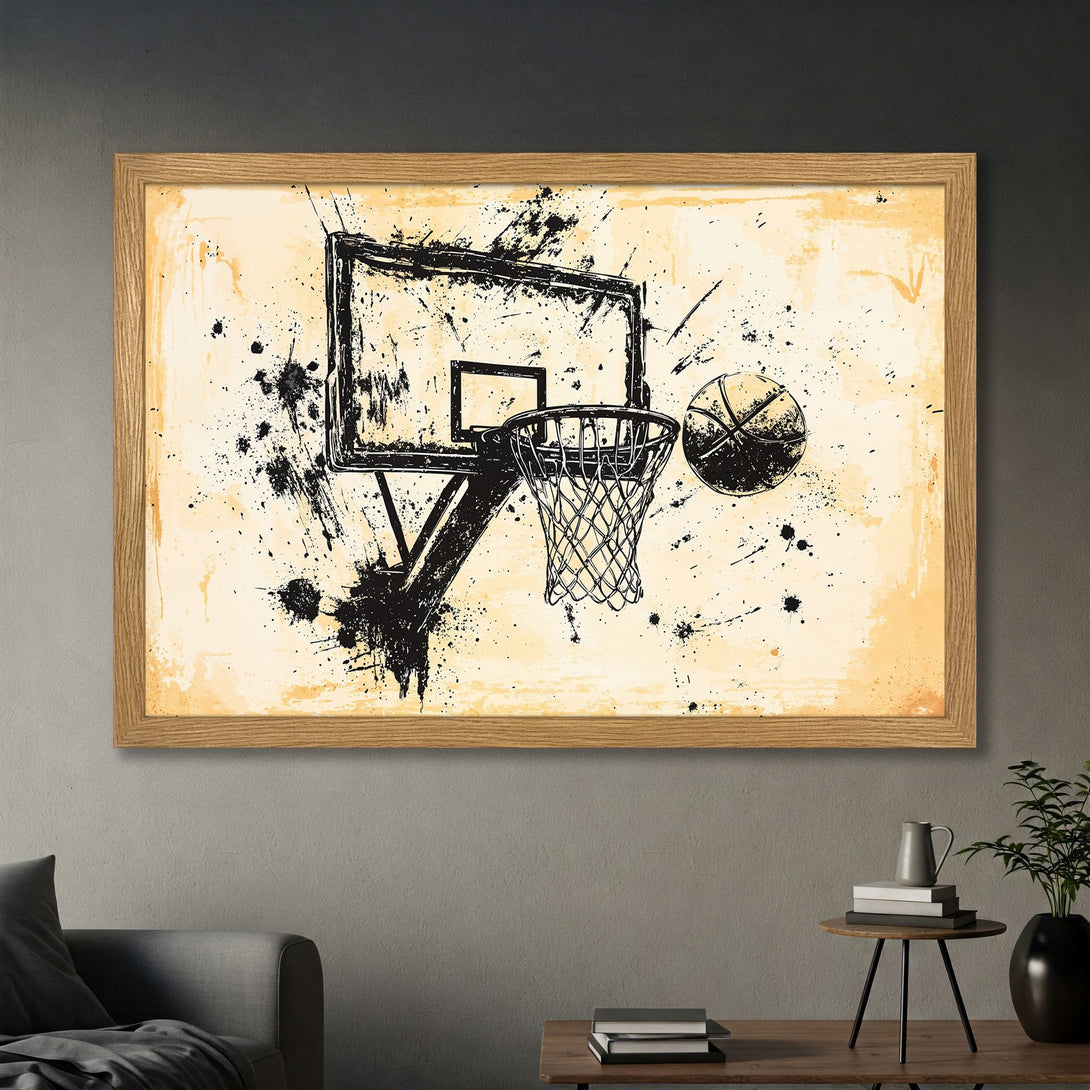 Framed Poster featuring a basketball hoop and ball in a grunge style with a neutral color palette. Perfect wall art for sports fans!