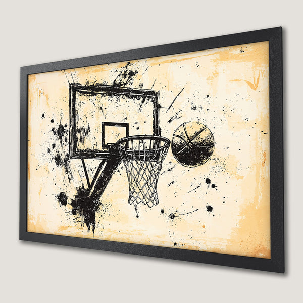 Framed Poster featuring a basketball hoop and ball in a grunge style with a black and beige color palette. Perfect for sports fans!