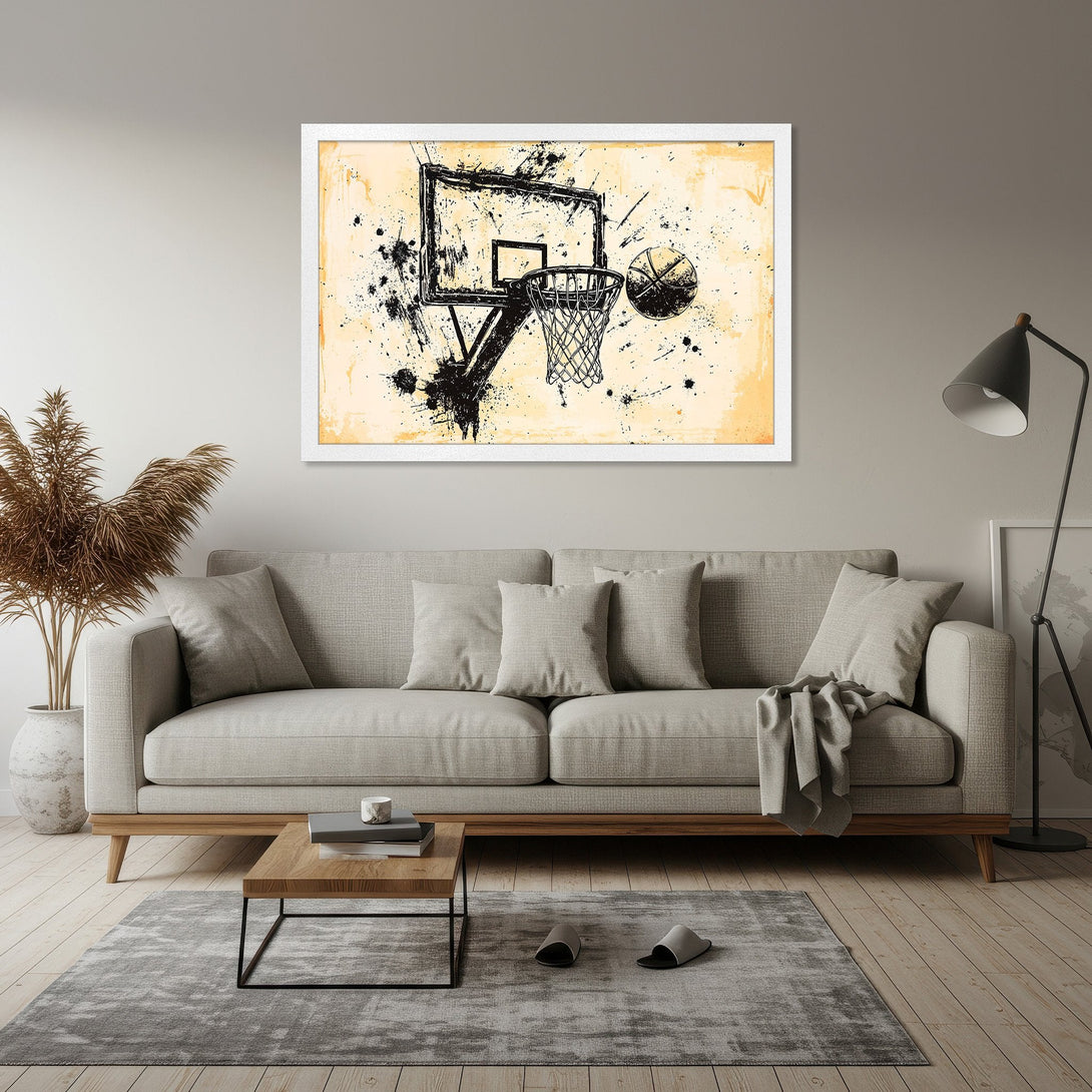 Framed Poster featuring a basketball hoop art print. Abstract style with black ink on a beige background. Perfect wall decor for sports fans!